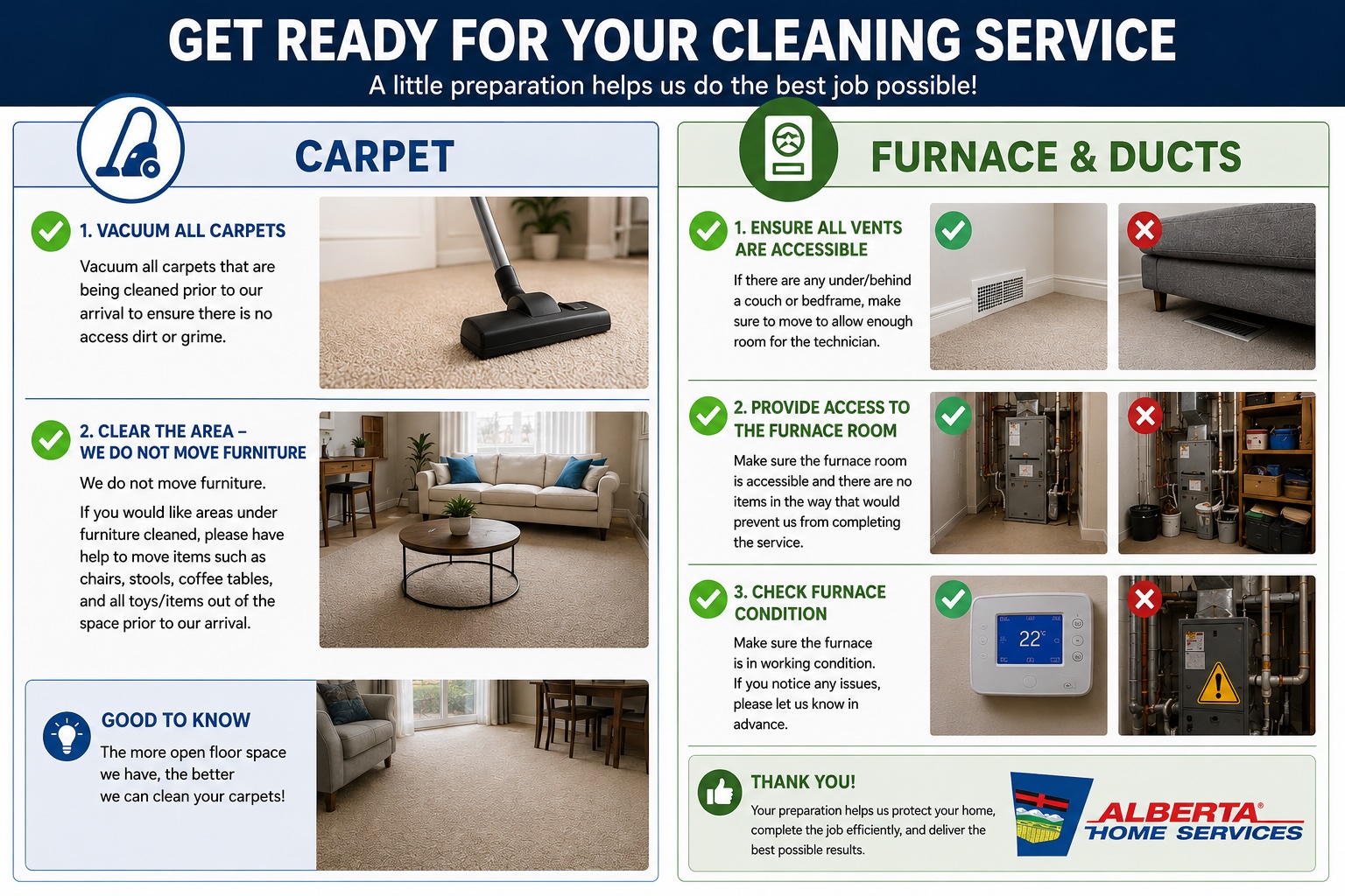 Get ready for your cleaning service — carpet and furnace & duct preparation checklist